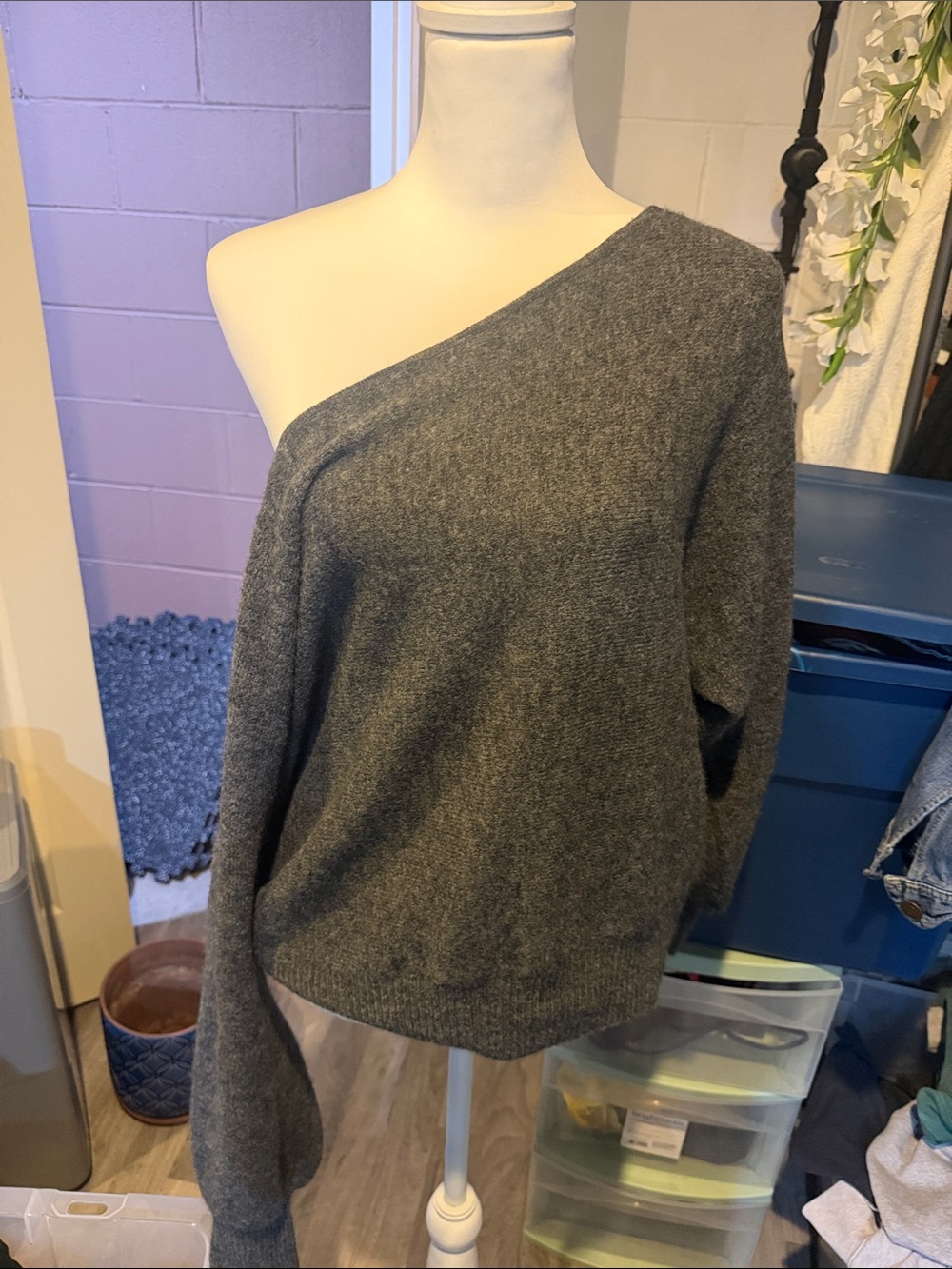 Women's One-Shoulder Gray Sweater